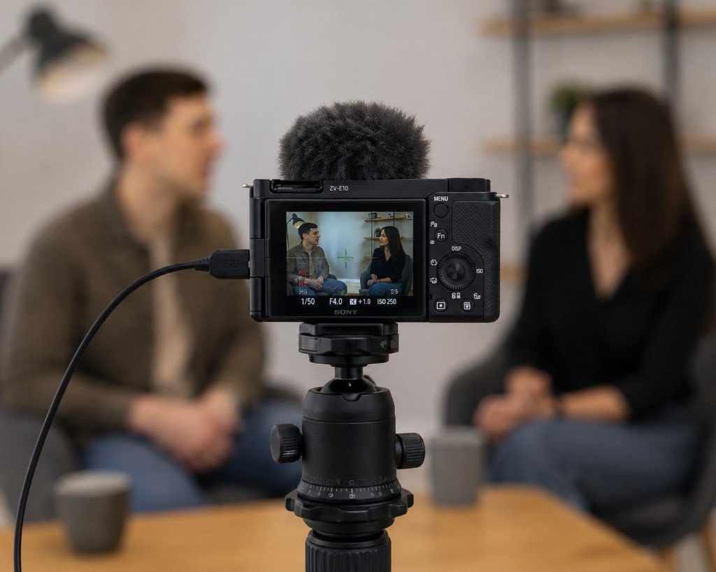 Sony ZV-E10 Kamera mit Richtmikrofon beim Interview-Dreh — zwei Personen im Gespräch